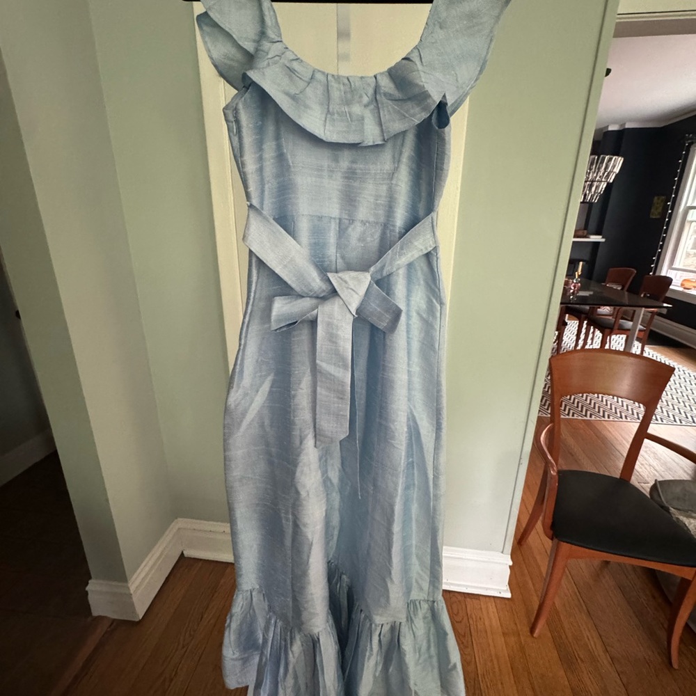 Louise  Blue Off-the-Shoulder Ruffled Bridesmaid Dress